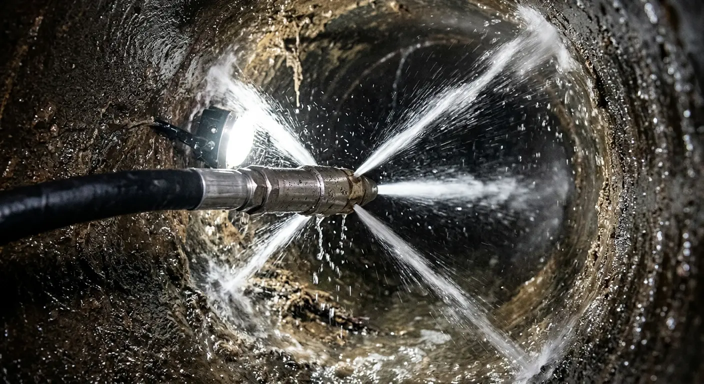 High-pressure hydro jetting nozzle cleaning sewer pipe for Emergency Drain Service in Decatur