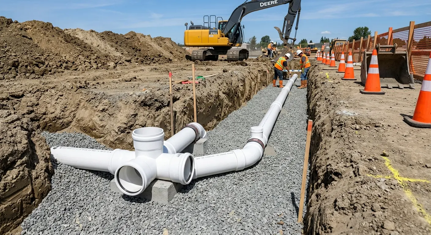 New PVC sewer pipe installation in open trench for Sewer Backup in Decatur